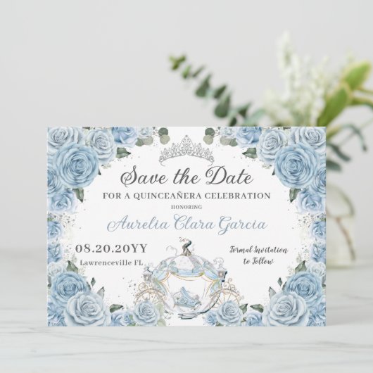 Baby Blauw Bloemen Assepoester Quinceañera Sweet 1 Save The Date (Staand voorkant)