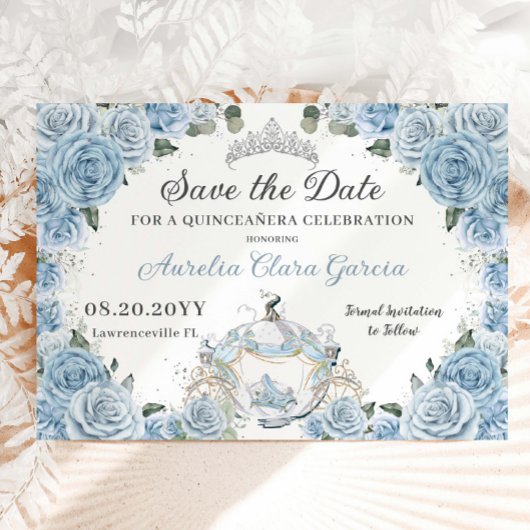 Baby Blauw Bloemen Assepoester Quinceañera Sweet 1 Save The Date