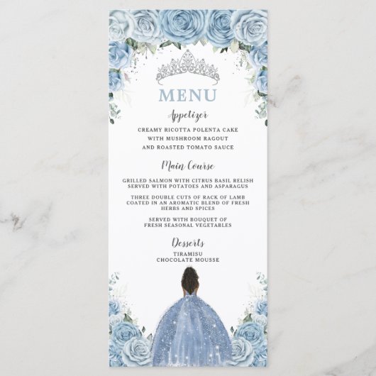 Baby Blauw Bloemen Bruin Prinses Quinceañera Menu (Voorkant)