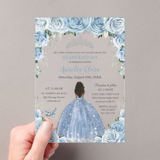 Baby Blauw Bloemen Bruin Prinses Zilver Quinceañer Acryl Uitnodigingen (Insitu (Draagbaar))