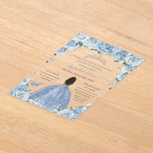 Baby Blauw Bloemen Bruin Prinses Zilver Quinceañer Acryl Uitnodigingen (Laagn)