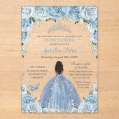 Baby Blauw Bloemen Bruin Prinses Zilver Quinceañer Acryl Uitnodigingen (Voorkant)