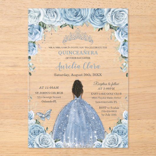Baby Blauw Bloemen Bruin Prinses Zilver Quinceañer Acryl Uitnodigingen (Voorkant)