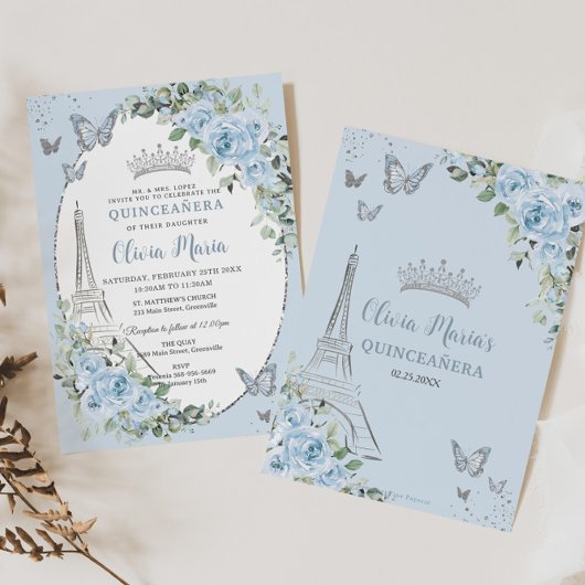 Baby Blauw Bloemen Eiffel Vlinders Quinceañera Kaart