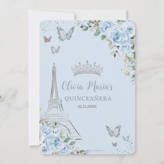Baby Blauw Bloemen Eiffel Vlinders Quinceañera Kaart (Achterkant)