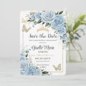 Baby Blauw Bloemen Goud Quinceañera Vlinders Boog Save The Date (Staand voorkant)