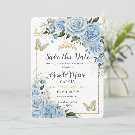 Baby Blauw Bloemen Goud Quinceañera Vlinders Boog Save The Date (Staand voorkant)
