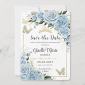 Baby Blauw Bloemen Goud Quinceañera Vlinders Boog Save The Date (Voorkant)