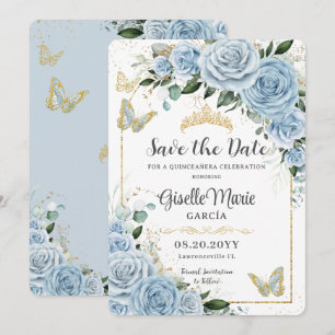 Baby Blauw Bloemen Goud Quinceañera Vlinders Boog Save The Date