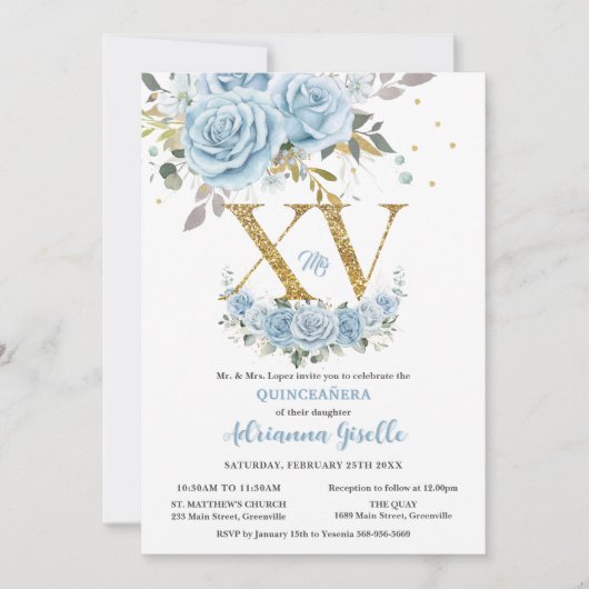 Baby Blauw Bloemen Goud XV Quinceañera Quince 15 Kaart (Voorkant)