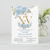 Baby Blauw Bloemen Goud XV Quinceañera Quince 15 Kaart (Staand voorkant)