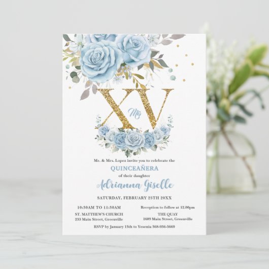 Baby Blauw Bloemen Goud XV Quinceañera Quince 15 Kaart (Staand voorkant)
