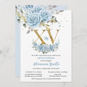 Baby Blauw Bloemen Goud XV Quinceañera Quince 15 Kaart