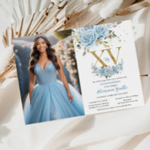 Baby Blauw Bloemen Goud XV Quinceañera Quince Foto
