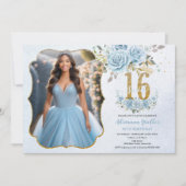Baby Blauw Bloemen Goud Zoet Zestien Verjaardag Fo Kaart (Voorkant)