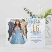 Baby Blauw Bloemen Goud Zoet Zestien Verjaardag Fo Kaart (Staand voorkant)