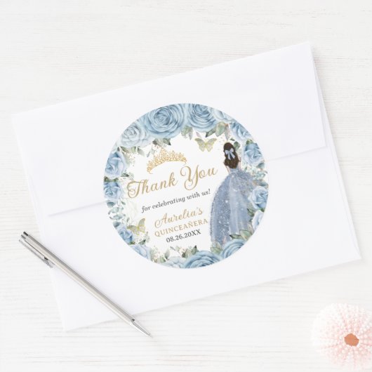 Baby Blauw Bloemen Gouden Vlinders Prinses Jurk Ronde Sticker (Envelop)