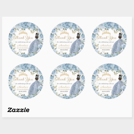 Baby Blauw Bloemen Gouden Vlinders Prinses Jurk Ronde Sticker (Vel)