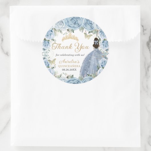 Baby Blauw Bloemen Gouden Vlinders Prinses Jurk Ronde Sticker (Tas)