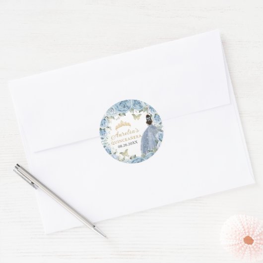Baby Blauw Bloemen Gouden Vlinders Prinses Jurk Ronde Sticker (Envelop)