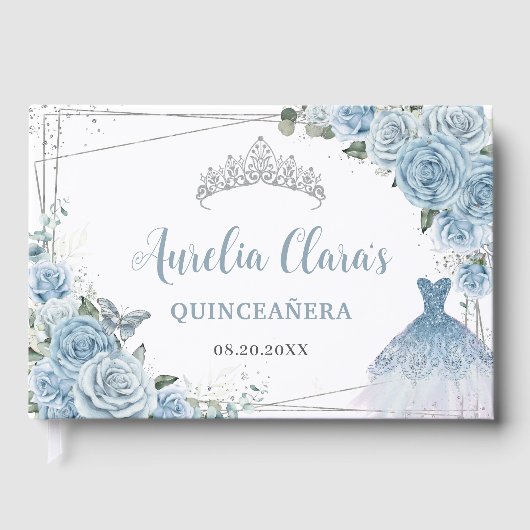Baby Blauw Bloemen Jurk Zilver Quinceañera Gastenboek (Voorkant)