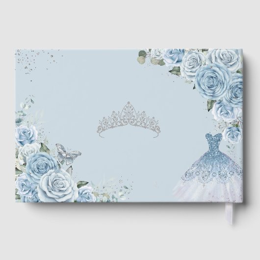 Baby Blauw Bloemen Jurk Zilver Quinceañera Gastenboek (Achterkant)