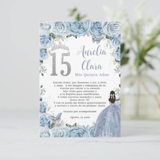 Baby Blauw Bloemen Meisje Gown Quinceañera Gebed K Informatiekaartje (Staand voorkant)
