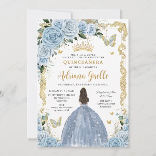 Baby Blauw Bloemen Prinses Jurk Goud Quinceanera Kaart (Voorkant)