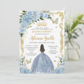Baby Blauw Bloemen Prinses Jurk Goud Quinceanera Kaart (Staand voorkant)