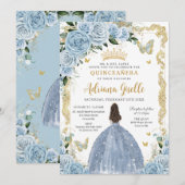 Baby Blauw Bloemen Prinses Jurk Goud Quinceanera Kaart (Voorkant / Achterkant)