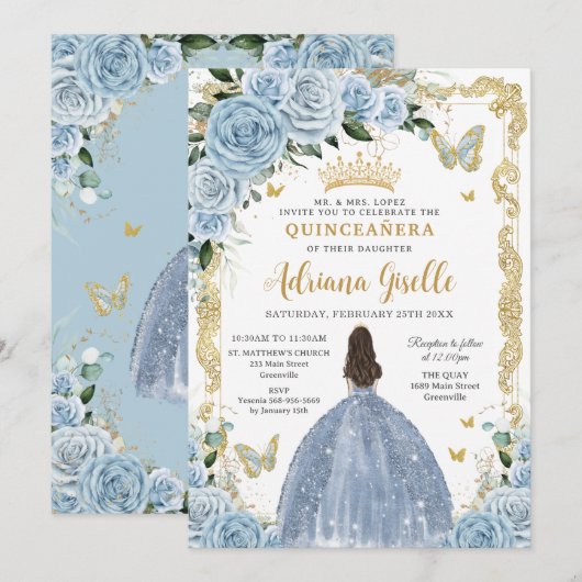 Baby Blauw Bloemen Prinses Jurk Goud Quinceanera Kaart (Voorkant / Achterkant)
