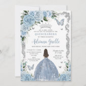 Baby Blauw Bloemen Prinses Jurk Zilver Quinceanera Kaart (Voorkant)