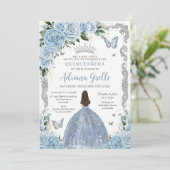 Baby Blauw Bloemen Prinses Jurk Zilver Quinceanera Kaart (Staand voorkant)