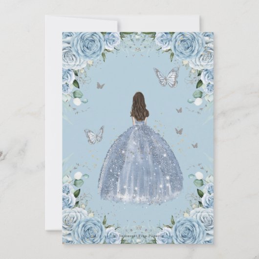 Baby Blauw Bloemen Prinses Jurk Zilver Quinceanera Kaart (Achterkant)
