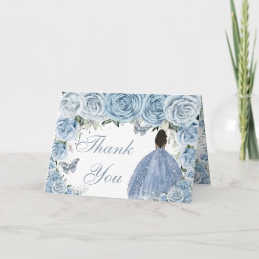Baby Blauw Bloemen Quinceañera Bruin Prinses Bedankkaart (Voorkant)