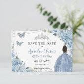 Baby Blauw Bloemen Quinceanera Sweet 16 Bruin Meis Save The Date (Staand voorkant)