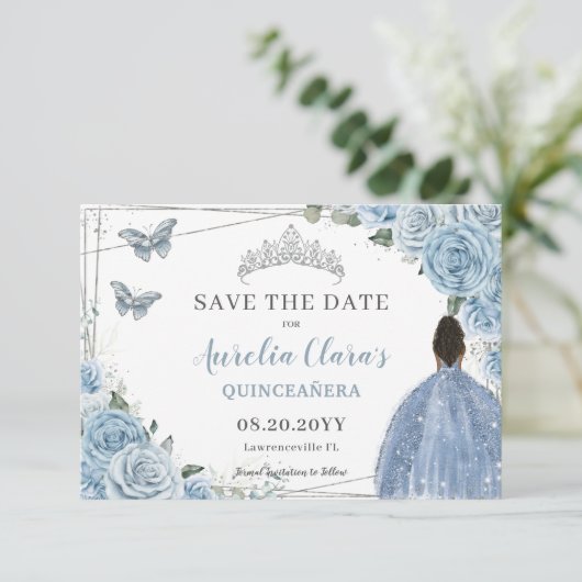Baby Blauw Bloemen Quinceanera Sweet 16 Bruin Meis Save The Date (Staand voorkant)