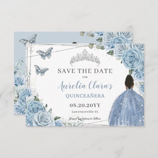 Baby Blauw Bloemen Quinceanera Sweet 16 Bruin Meis Save The Date (Voorkant / Achterkant)