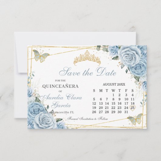 Baby Blauw Bloemen Quinceanera Sweet 16 Kalender Save The Date (Voorkant)