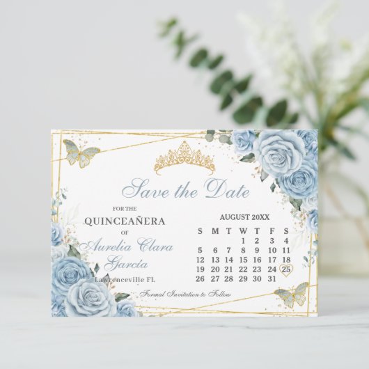 Baby Blauw Bloemen Quinceanera Sweet 16 Kalender Save The Date (Staand voorkant)