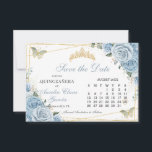 Baby Blauw Bloemen Quinceanera Sweet 16 Kalender Save The Date<br><div class="desc">Bewerk deze kalenderstijl en sla de datumkaart op met uw eigen gegevens. Wijzig de maand en data. Klik op Bewerken met ontwerpgereedschap om toegang te krijgen tot het ontwerpgebied en verplaats het gouden hartpictogram om de datum van uw gelegenheid te markeren. Overeenkomende objecten beschikbaar in de winkel. c) The Happy...</div>