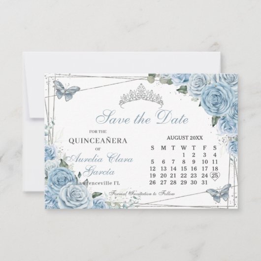Baby Blauw Bloemen Quinceanera Sweet 16 Kalender Save The Date (Voorkant)