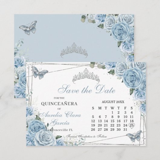 Baby Blauw Bloemen Quinceanera Sweet 16 Kalender Save The Date (Voorkant / Achterkant)