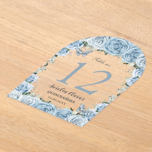 Baby Blauw Bloemen Quinceañera XV 16 Tafelnummer (Laagn)