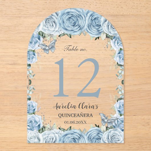Baby Blauw Bloemen Quinceañera XV 16 Tafelnummer (Voorkant)