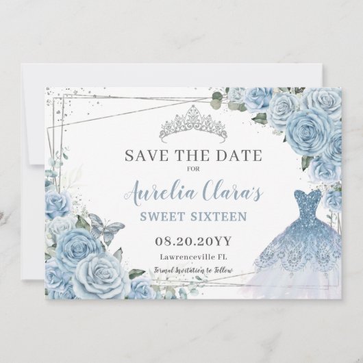 Baby Blauw Bloemen Quinceanera Zoete Zestien Jurk Save The Date (Voorkant)