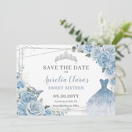 Baby Blauw Bloemen Quinceanera Zoete Zestien Jurk Save The Date (Staand voorkant)