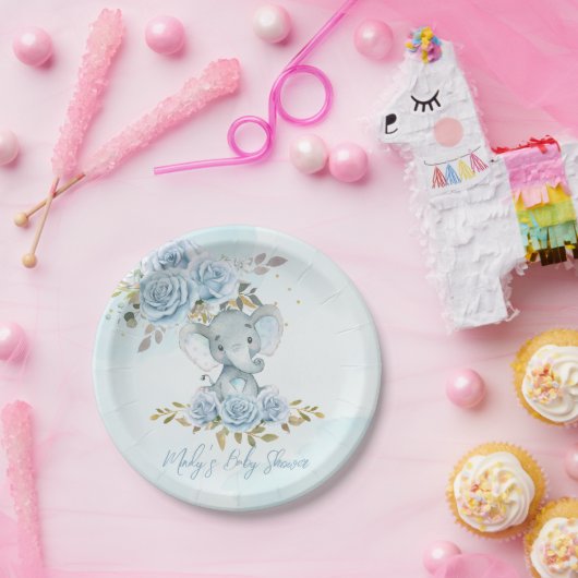 Baby Blauw Bloemen Schattige Olifant Boy Baby show Papieren Bordje (Feest)