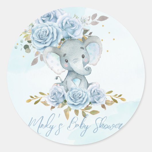 Baby Blauw Bloemen Schattige Olifant Boy Baby show Ronde Sticker (Voorkant)
