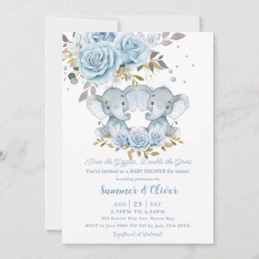 Baby Blauw Bloemen Schattigee Olifanten Tweeling B Kaart (Voorkant)